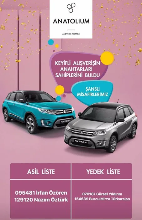 Anatolium Bursa Suzuki Vitara Çekiliş Sonucu Açıklandı! Anatolium Bursa Suzuki Vitara Çekiliş Sonucu Açıklandı!