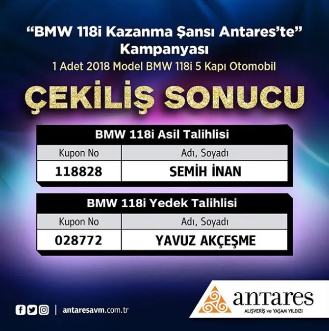 Antares AVM BMW 118i Çekiliş Sonucu Açıklandı! Antares AVM BMW 118i Çekiliş Sonucu Açıklandı!