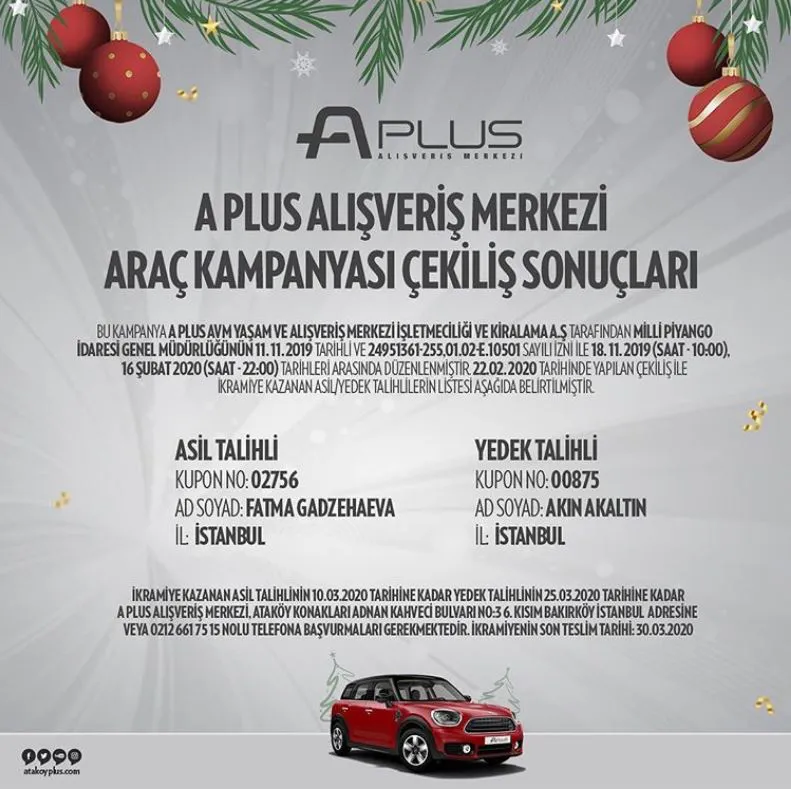 A Plus Avm Mini Cooper Country Man Çekiliş Sonucu Açıklandı! A Plus Avm Mini Cooper Country Man Çekiliş Sonucu Açıklandı!