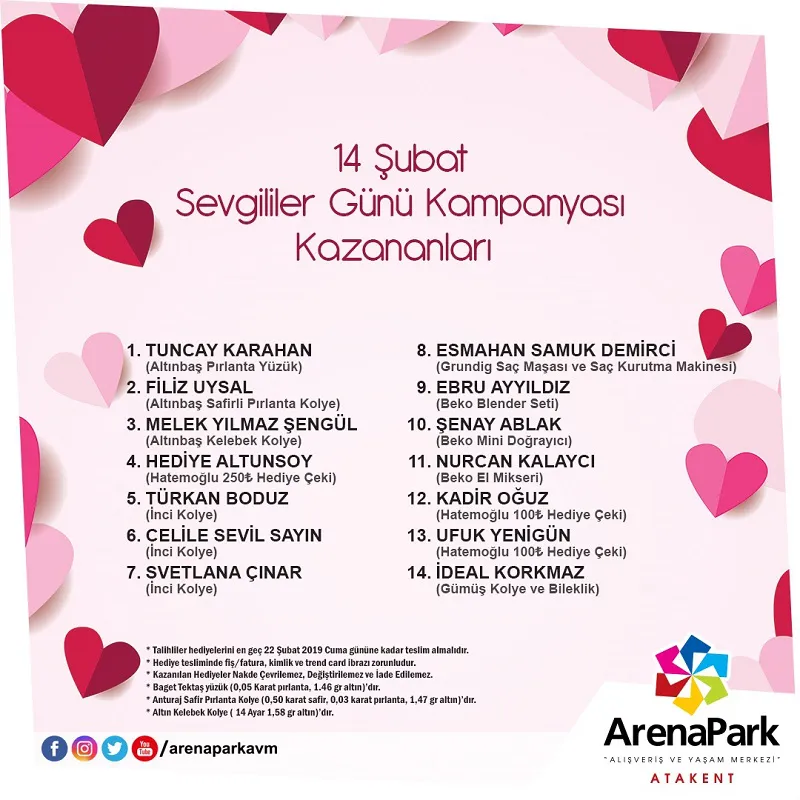 Arena Park 14 Şubat Sevgililer Günü Kampanyası Kazananları