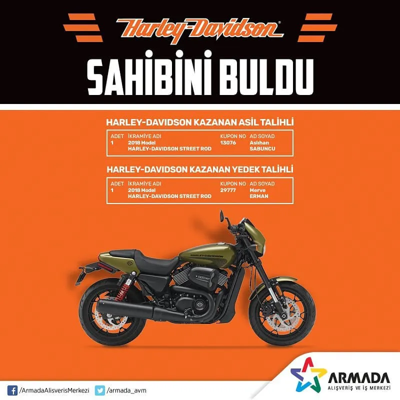 Armada AVM Harley Davidson Çekiliş Sonucu Açıklandı! Armada AVM Harley Davidson Çekiliş Sonucu Açıklandı!