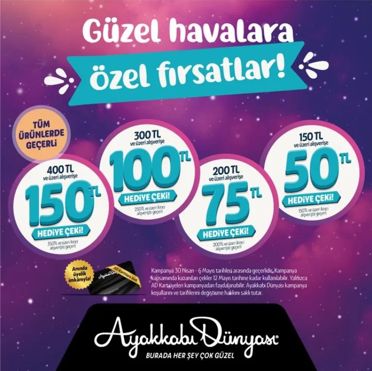 Ayakkabı Dünyası 150 TL'ye varan Hediye Çeki Fırsatı! Ayakkabı Dünyası 150 TL'ye varan Hediye Çeki Fırsatı!