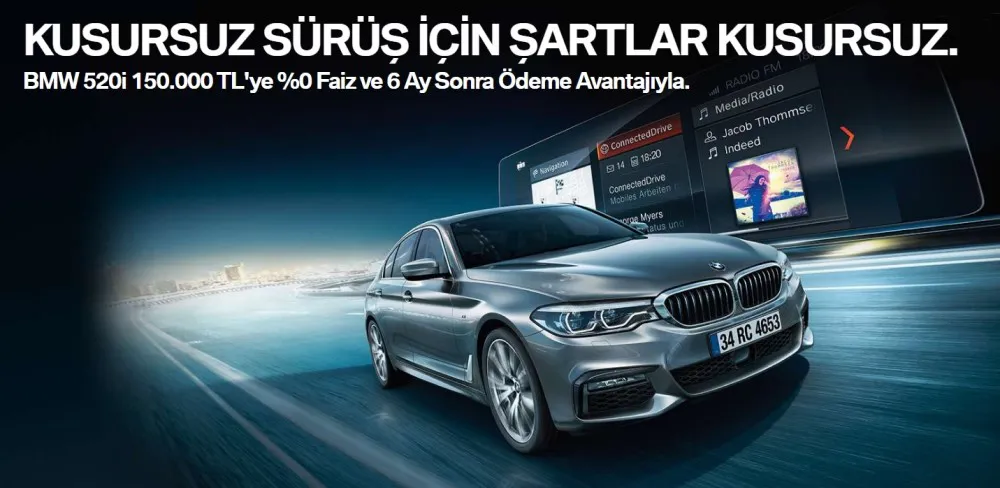 BMW 520i 150.000 TL'ye %0 Faiz ve 6 Ay Sonra Ödeme Avantajıyla.