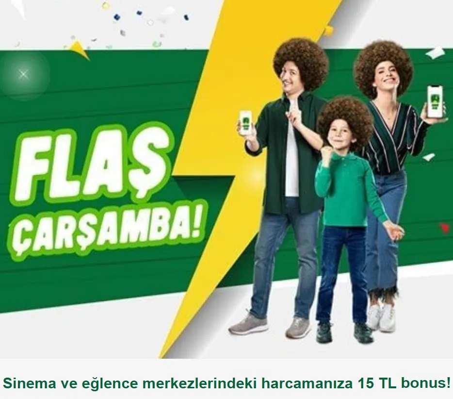 Sinema ve eğlence merkezlerindeki harcamanıza 15 TL bonus!