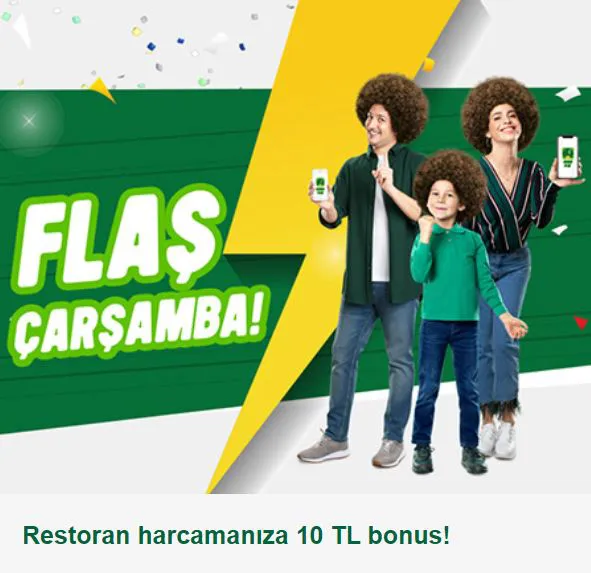 BonusFlaş Çarşamba Restoran harcamanıza 10 TL bonus!