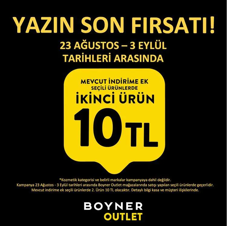 Boyner Outlet'te Yazın Son Fırsatı İkinci Ürün 10 TL! Boyner Outlet'te Yazın Son Fırsatı İkinci Ürün 10 TL!