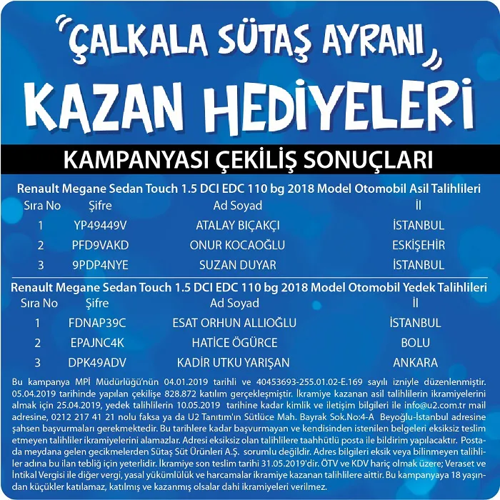 Çalkala Sütaş Ayranı Çekiliş Sonucu Açıklandı! Çalkala Sütaş Ayranı Çekiliş Sonucu Açıklandı!