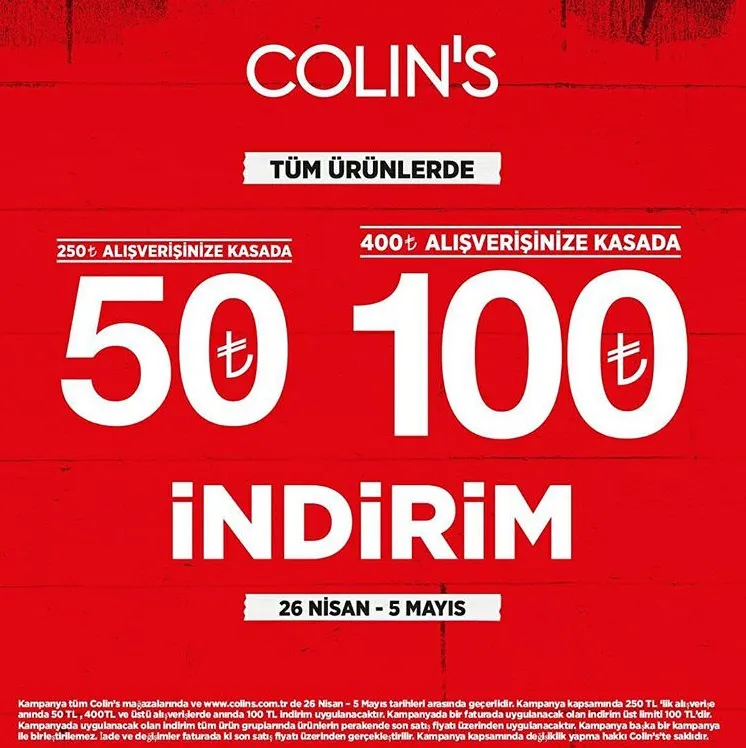Colin's Tüm Ürünlerde 100 TL'ye Varan indirim fırsatı sunuyor! Colin's Tüm Ürünlerde 100 TL'ye Varan indirim fırsatı sunuyor!