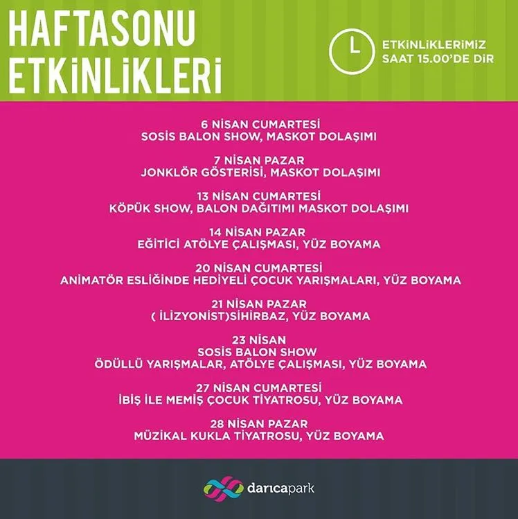Darıca Park AVM Nisan Ayı Etkinlik Programı! Darıca Park AVM Nisan Ayı Etkinlik Programı!