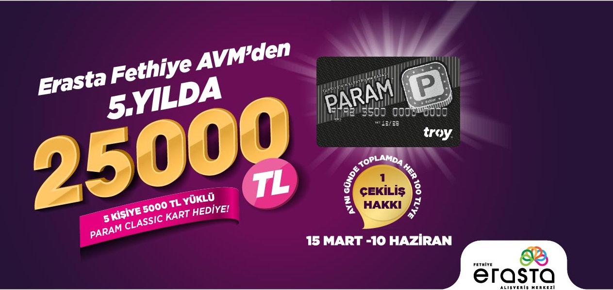 Erasta Fethiye AVM’den 5.Yılda 5 kişiye 5.000 TL yüklü Param Classic Kart Hediye!