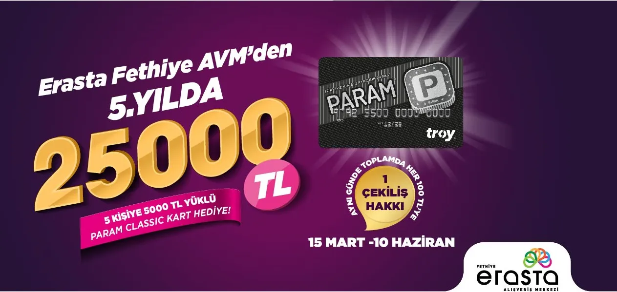 Erasta Fethiye AVM’den 5.Yılda 5 kişiye 5.000 TL yüklü Param Classic Kart Hediye! 