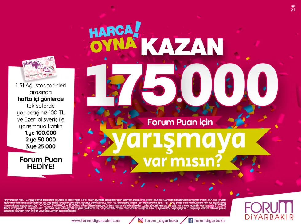 Forum Diyarbakır 175.000 TL Ödüllü Harca Oyna Kazan Kampanyası! Forum Diyarbakır 175.000 TL Ödüllü Harca Oyna Kazan Kampanyası!