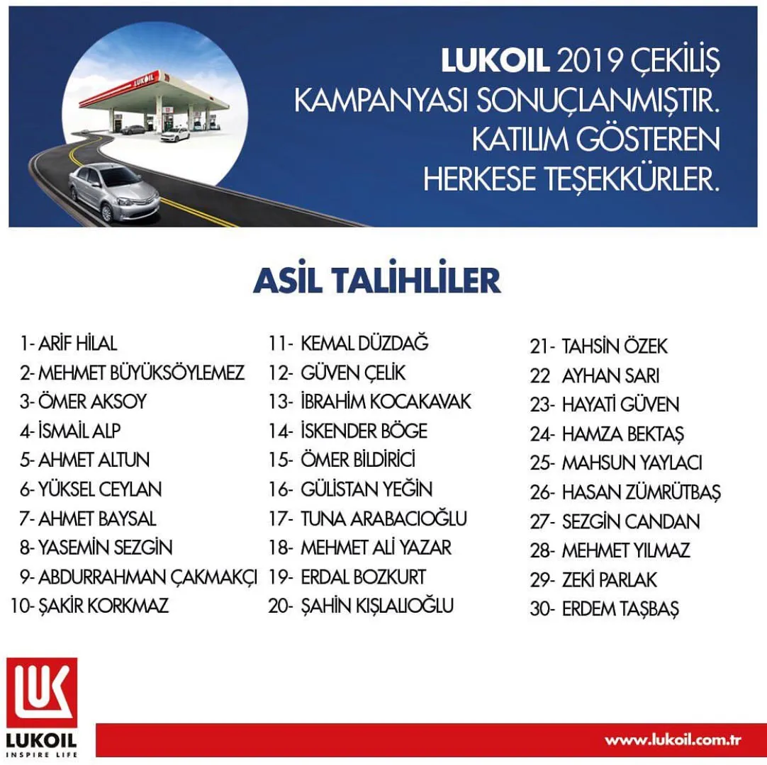 Lukoil'den 30 kişiye 1 yıllık akaryakıt çekiliş sonucu açıklandı!