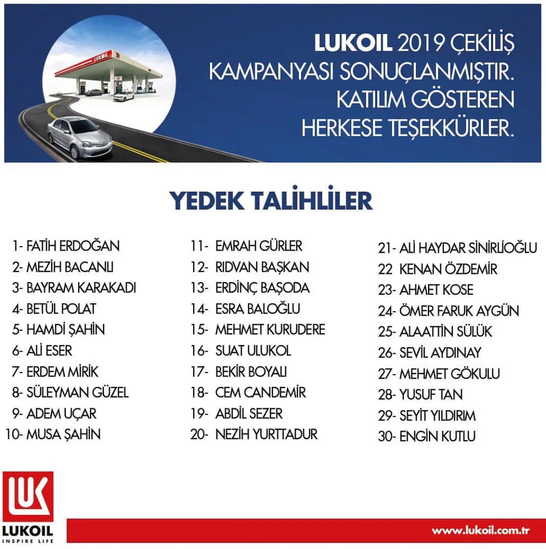 Lukoil'den 30 kişiye 1 yıllık akaryakıt çekiliş sonucu açıklandı!