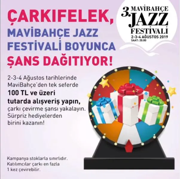 MaviBahçe Jazz Festivali boyunca hediye kazanma şansı sizi bekliyor. MaviBahçe Jazz Festivali boyunca hediye kazanma şansı sizi bekliyor.