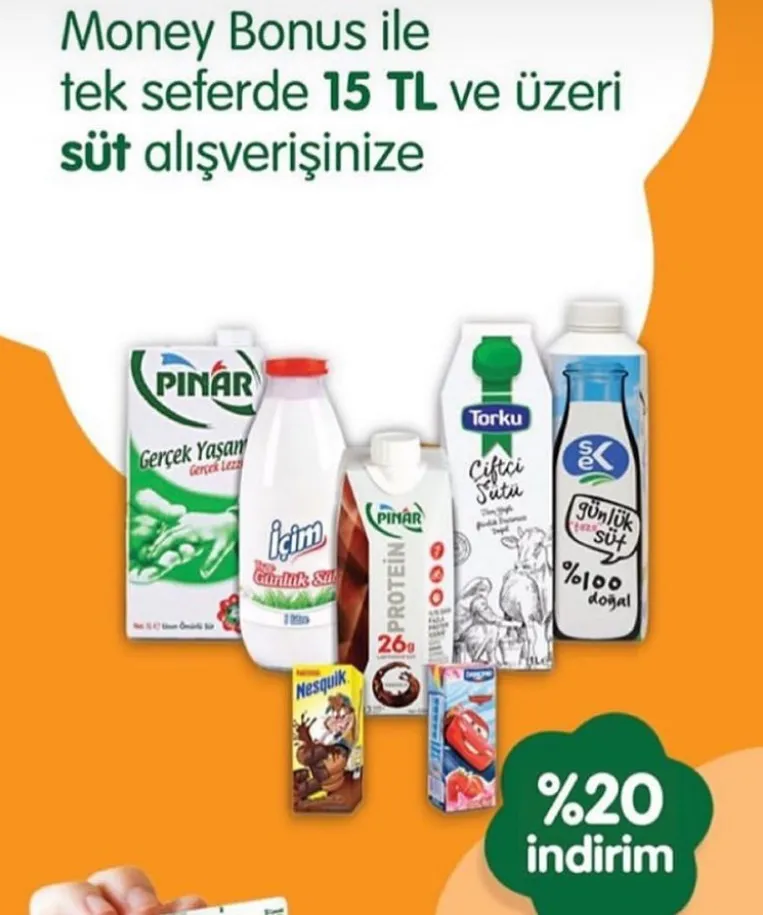 Money Bonus ile 15 TL ve üzeri süt alışverişinize %20 indirim fırsatı! Money Bonus ile 15 TL ve üzeri süt alışverişinize %20 indirim fırsatı!