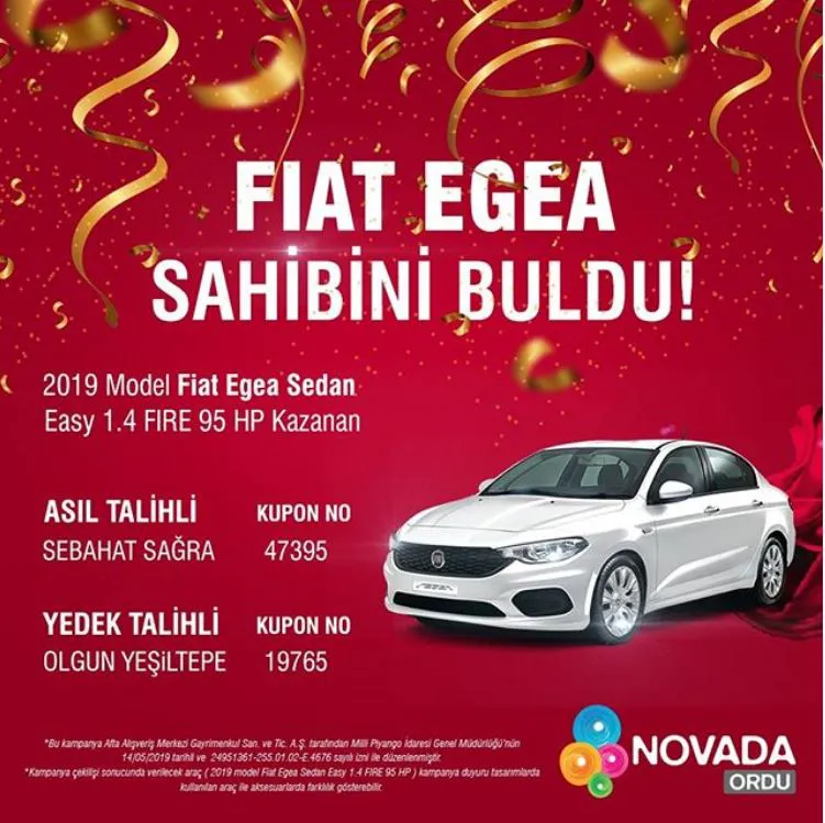 Novada Ordu Fiat Egea Çekiliş Sonucu Açıklandı! Novada Ordu Fiat Egea Çekiliş Sonucu Açıklandı!
