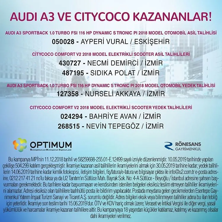 İzmir Optimum Audi A3 ve CityCoco Çekiliş Sonucu Açıklandı!