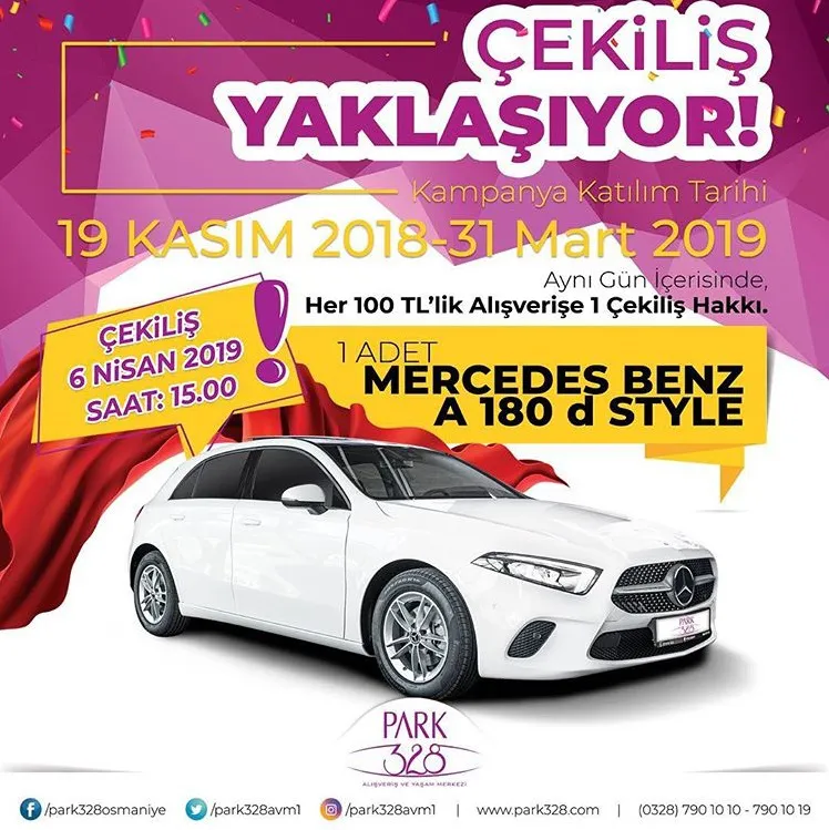 Park 328 AVM Mercedes-Benz A180 Çekilişi Yaklaşıyor! Park 328 AVM Mercedes-Benz A180 Çekilişi Yaklaşıyor!