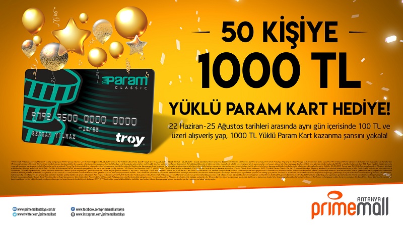 Primemall Antakya’dan 50 Kişiye 1000 TL Yüklü Param Kart Hediye Çekiliş Kampanyası!