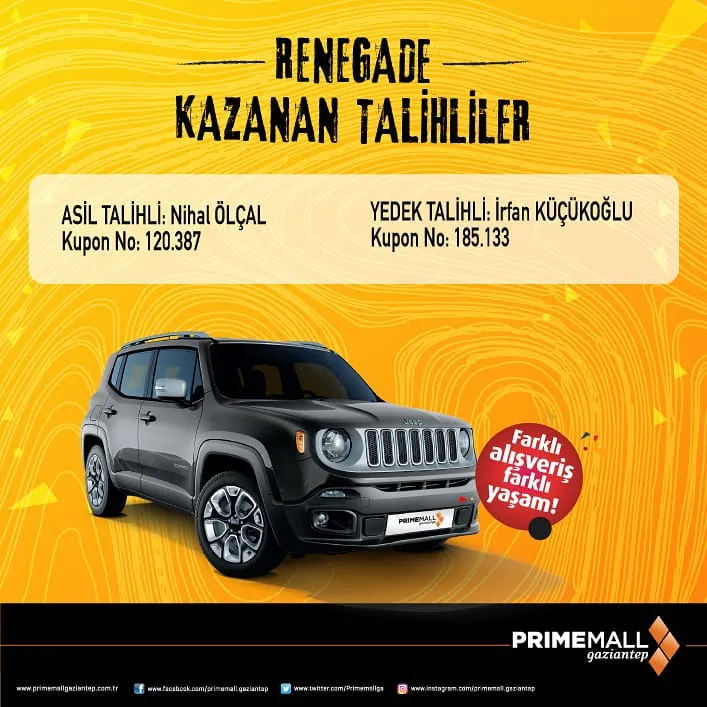 Primemall Gaziantep Jeep Renegade Çekiliş Sonucu Açıklandı!