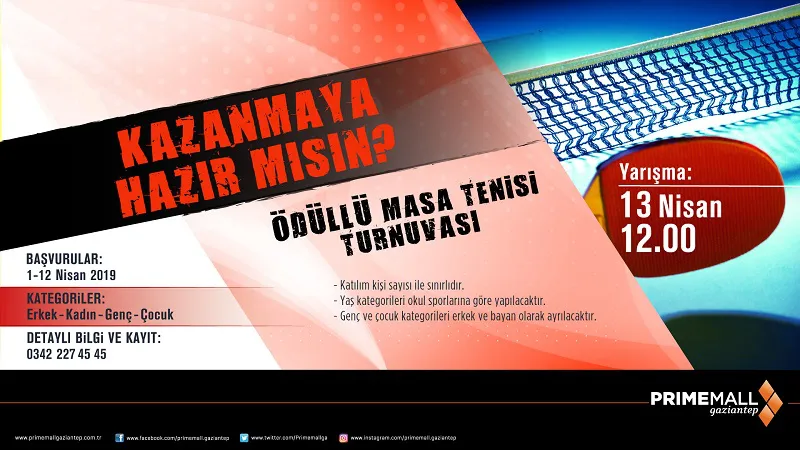Primemall Gaziantep Ödüllü Masa Tenisi Turnuvası! Primemall Gaziantep Ödüllü Masa Tenisi Turnuvası!