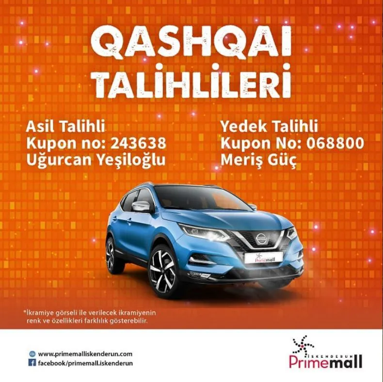 Primemall İskenderun Nissan Qashqai Çekiliş Sonucu Açıklandı! Primemall İskenderun Nissan Qashqai Çekiliş Sonucu Açıklandı!