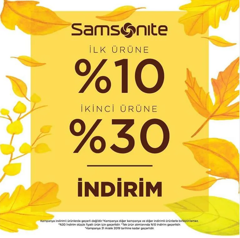 Samsonite'te ilk ürüne %10 ikinci ürüne %30 indirim fırsatı!