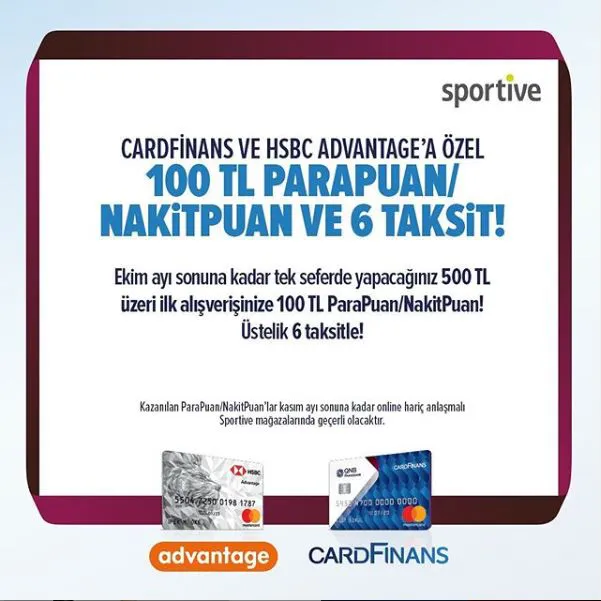 Sportive'de 100 TL ParaPuan ve 6 taksit! Sportive'de 100 TL ParaPuan ve 6 taksit!