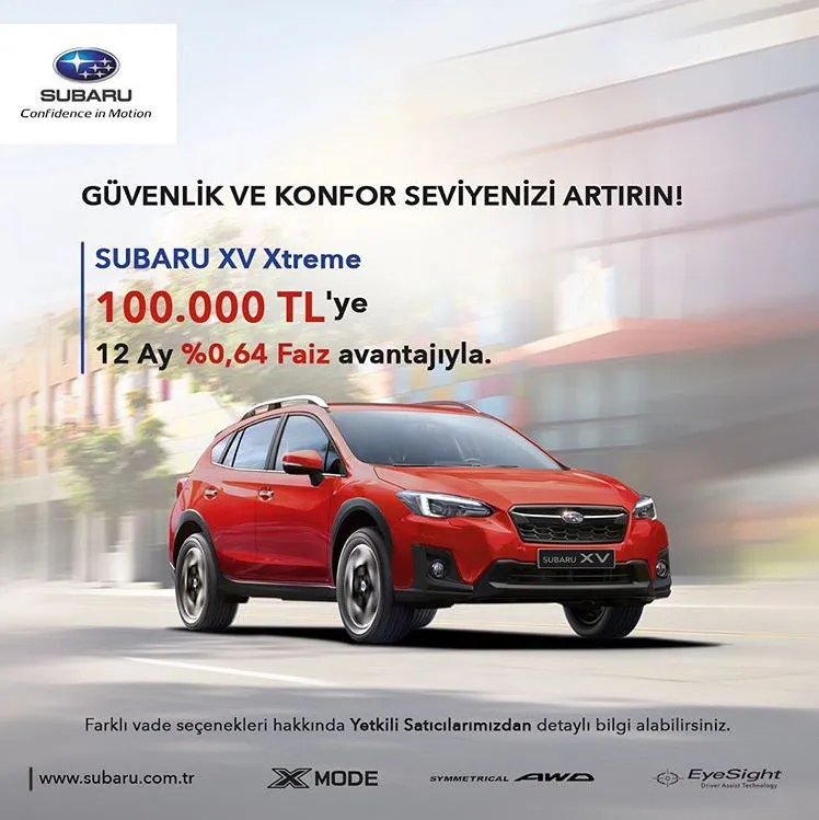 Subaru XV Xtreme 100.000 TL’ye 12 Ay %0.64 Faiz!