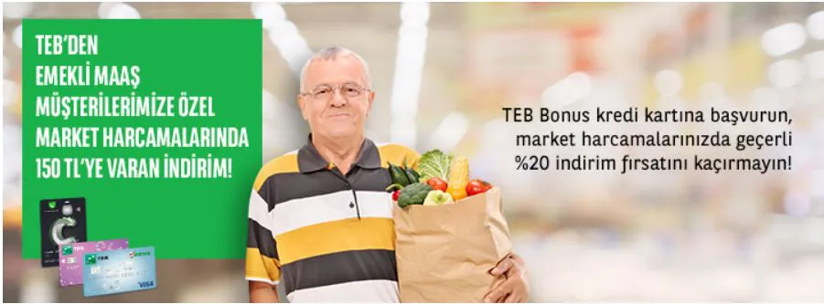 TEB Bonus’a Başvuran Emeklilere Market Harcamalarında 150TL’ye Varan İndirim!