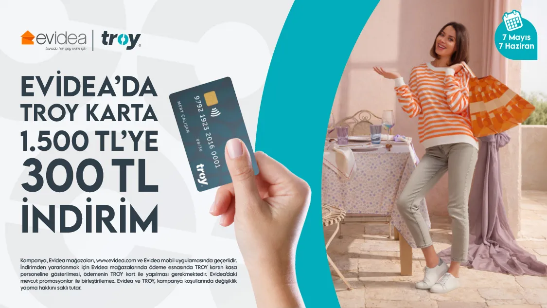 Evidea'dan TROY Kart'a Özel Büyük İndirim! 1.500 TL'ye 300 TL Avantajlı Alışveriş Fırsatı