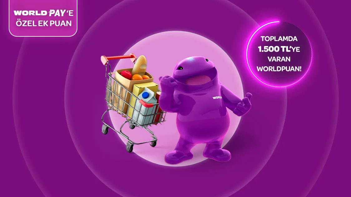 Worldcard ile Gıda marketi alışverişlerinize 1.200 TL, World Pay ile ödemelerde ek 300 TL, toplamda 1.500 TL’ye varan Worldpuan hediye!