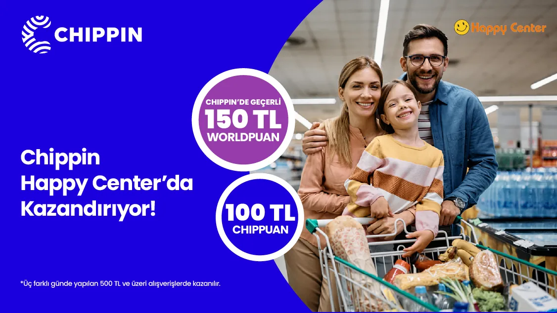 Worldcard ile Happy Center’da Chippin uygulaması üzerinden 3 farklı günde yapacağınız 500 TL ve üzeri alışverişinize Chippin’de geçerli Chippin’de geçerli 150 TL Worldpuan ve 100 TL ChipPuan!